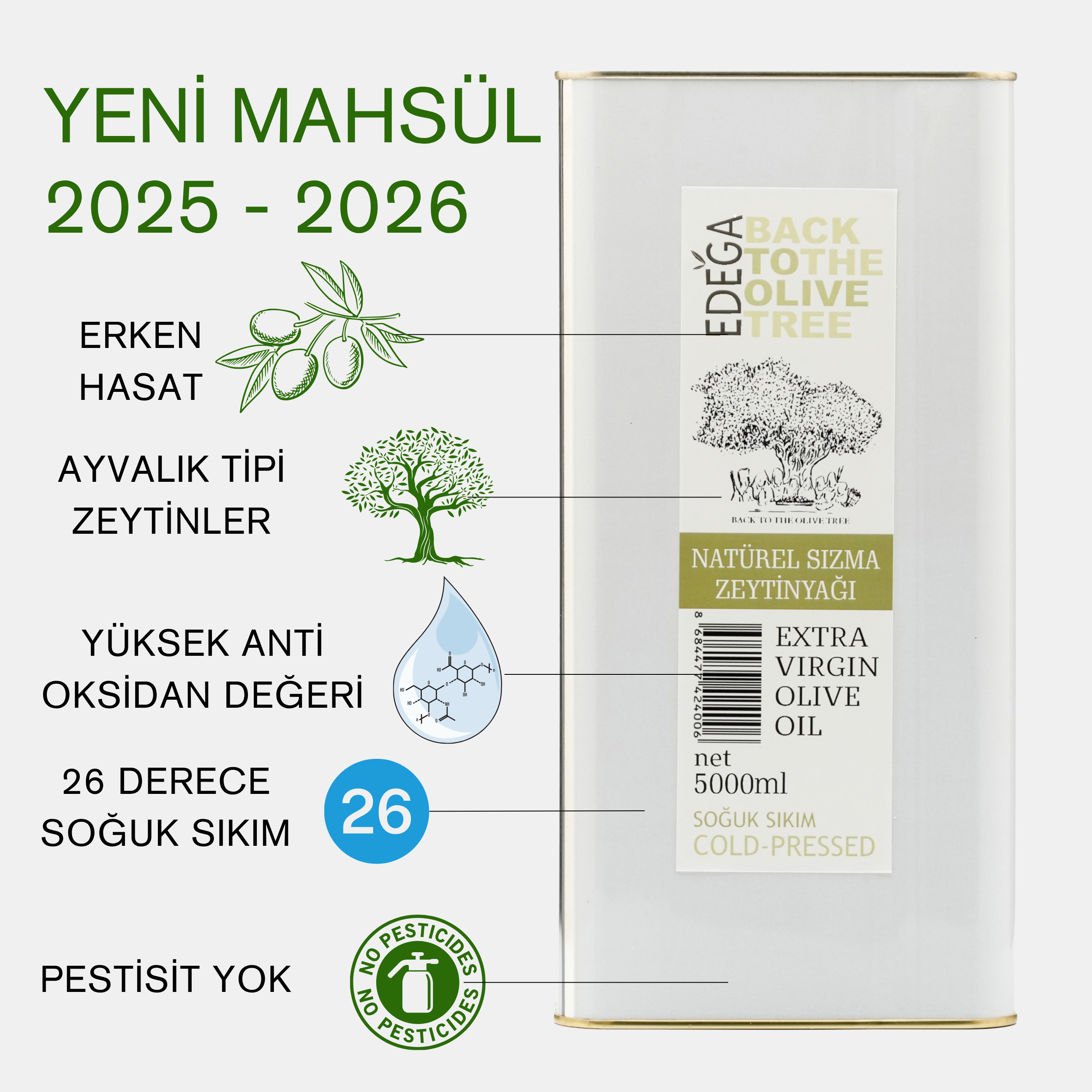 Erken Hasat Natürel Sızma Zeytinyağı 5 Litre Teneke Ambalaj (Filtreli)