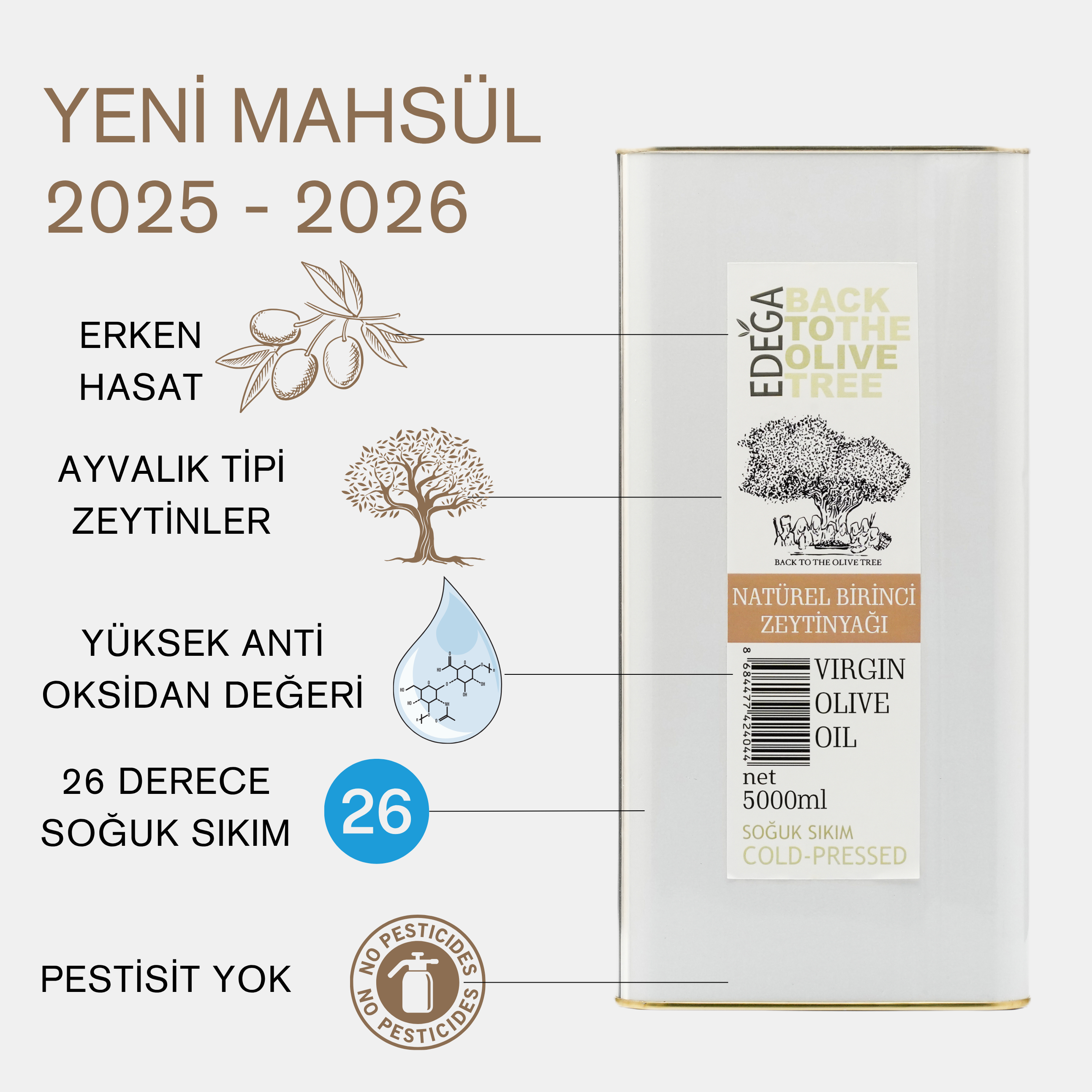 Natürel Birinci Zeytinyağı 5 Litre Teneke Ambalaj – Filtresiz