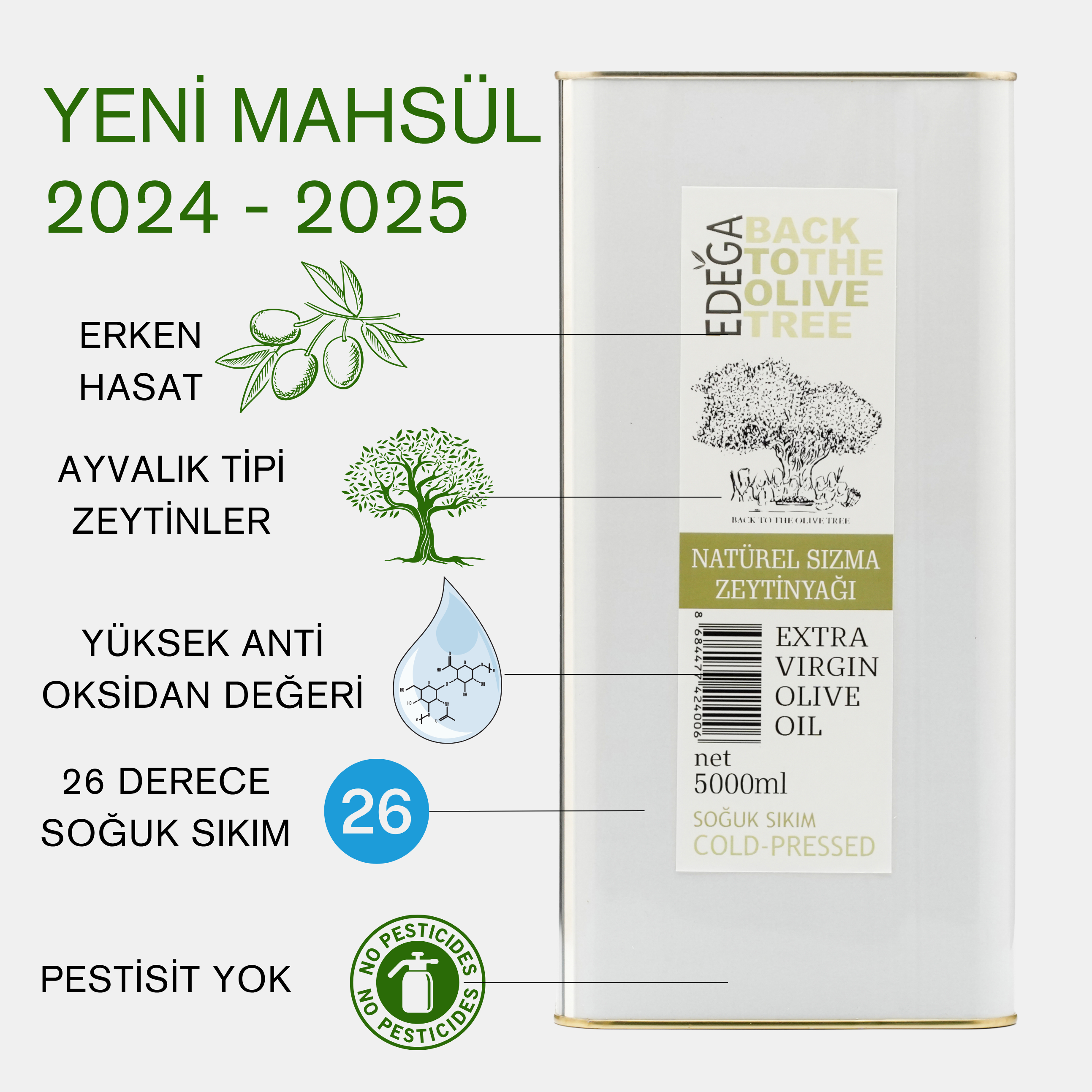 Erken Hasat Natürel Sızma Zeytinyağı 20 Litre Teneke Ambalaj (Filtreli)